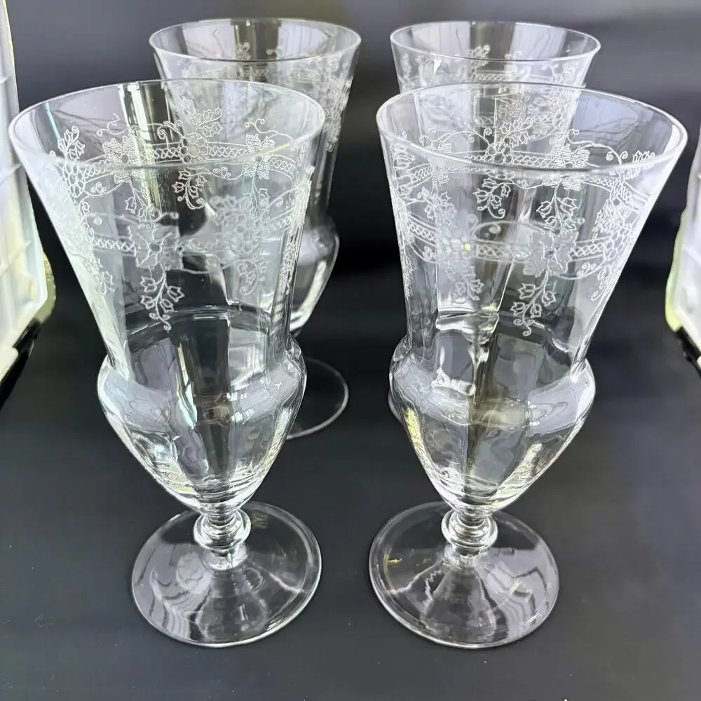 Vintage Etched Floral Goblets Set of 4 Elegant Stemware 7”